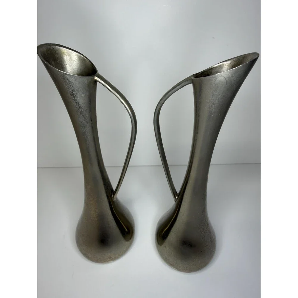Pair Vintage Silverplate Bud Vases | Mid-Century Modern Ewer Set (7